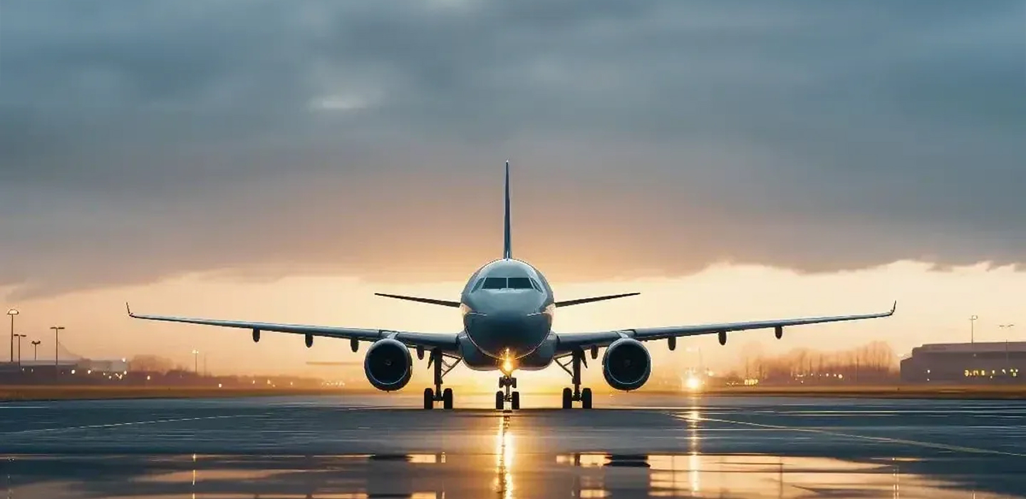 Avion de ligne sur une piste d’aéroport au lever du jour